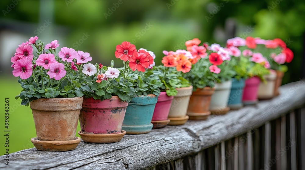 Charming row of vibrant flower pots brimming with pelargonium blooms adorns a rustic wood log, nestled against a weathered fence. This quaint garden decor evokes a cozy cottagecore aesthetic