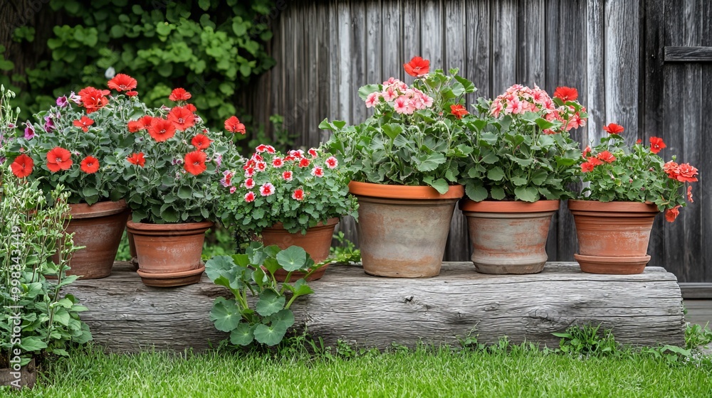 Charming row of vibrant flower pots brimming with pelargonium blooms adorns a rustic wood log, nestled against a weathered fence. This quaint garden decor evokes a cozy cottagecore aesthetic Charming row of vibrant flower pots brimming with pelargonium blooms adorns a rustic wood log, nestled against a weathered fence. This quaint garden decor evokes a cozy cottagecore aesthetic
