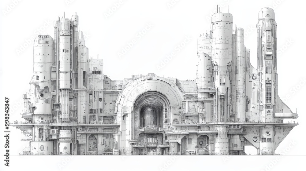Cross-section CAD drawing of a huge building, future brutalism skyskribers style, with multiple towers and floors, white background, technical blueprint Cross-section CAD drawing of a huge building, future brutalism skyskribers style, with multiple towers and floors, white background, technical blueprint