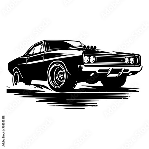 Timeless Silhouette of a 1970s Muscle Car with Wide Rear Tires for Apparel