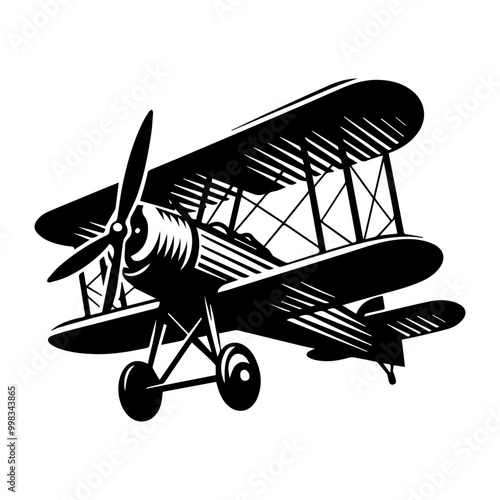 Classic Biplane Silhouette with Upward Curved Wings for T-shirt Design

