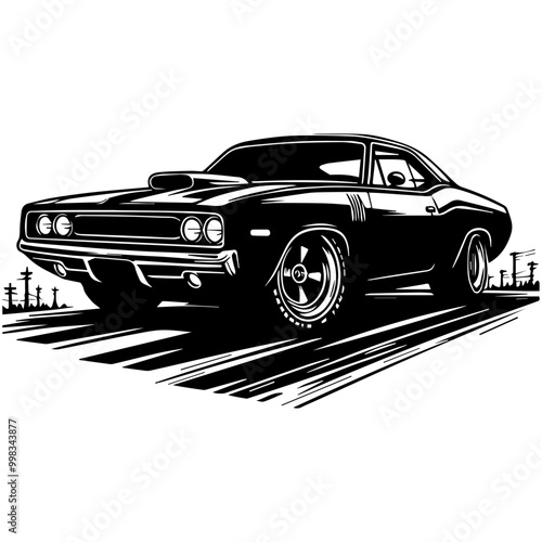 Retro Muscle Car Silhouette Design Featuring Hood Scoop for Graphic Tees
