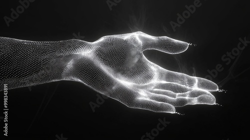 A digitally rendered white wireframe of an extended hand, set against a dark background, symbolizing connection, technology, and the human touch in the digital age. photo