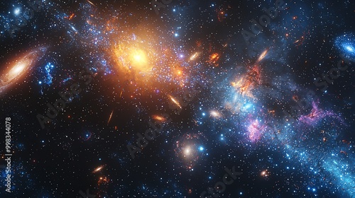 Distant supercluster, clustered galaxies, cosmic depths, 3D illustration