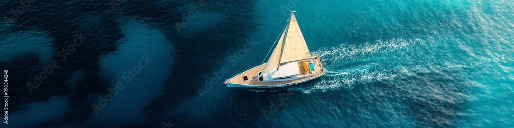 Fototapeta premium A sailboat is sailing in the ocean with a blue sky in the background. The boat is the main focus of the image, and it is moving smoothly through the water