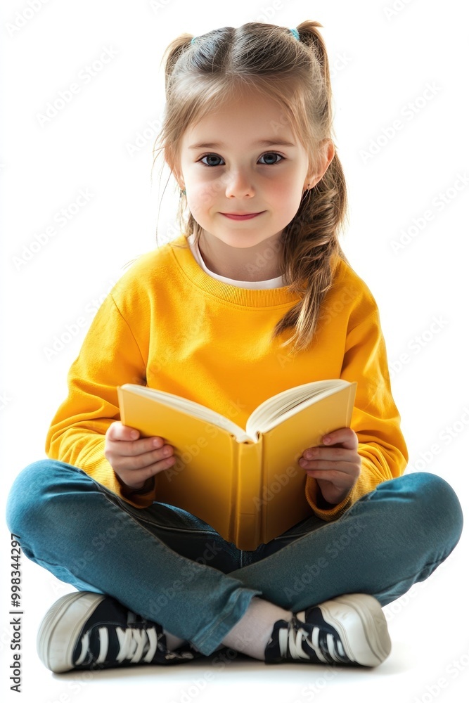 Isolated child sitting and reading a book, clean white background Isolated child sitting and reading a book, clean white background