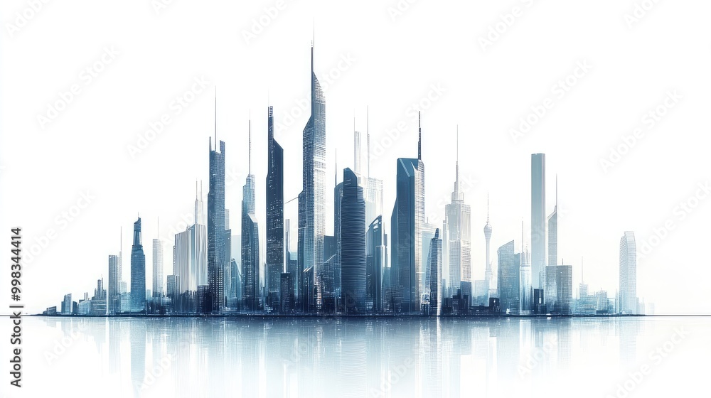 Isolated city skyline, futuristic buildings on a white backdrop, minimalistic style Isolated city skyline, futuristic buildings on a white backdrop, minimalistic style