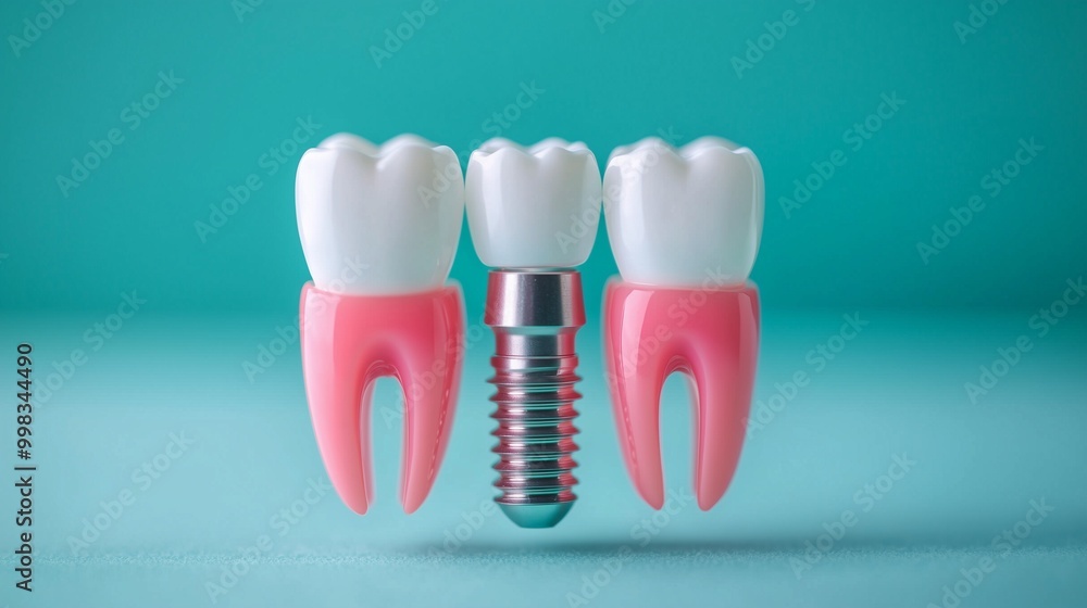 A dental implant surrounded by artificial teeth, showcasing modern dentistry and tooth replacement solutions. A dental implant surrounded by artificial teeth, showcasing modern dentistry and tooth replacement solutions.