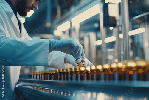 A Laboratory Technician Prepares Medication Bottles on the Production Line in a Modern Facility During the Day