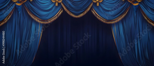 A flat vector illustration of an opulent curtain backdrop for a stage play, with royal blue silk curtains adorned with gold fringes. The curtains are tied back with ornate golden ropes