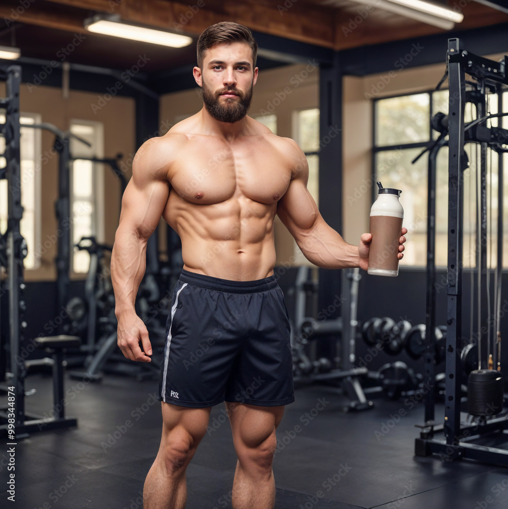 Muscular Man Holding Protein Shake in a Gym Setting Muscular Man Holding Protein Shake in a Gym Setting