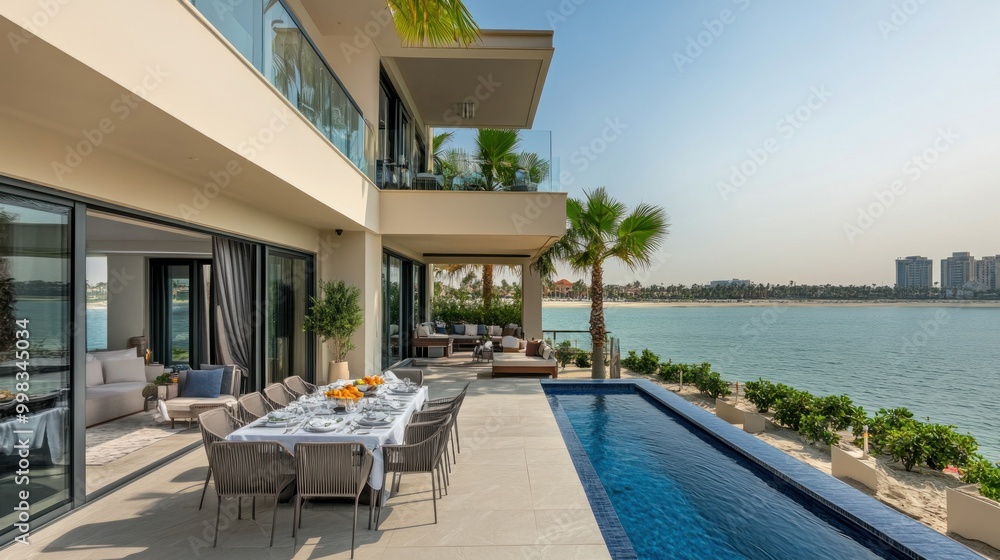 Fototapeta premium Modern waterfront villa with outdoor dining and pool overlooking the sea.