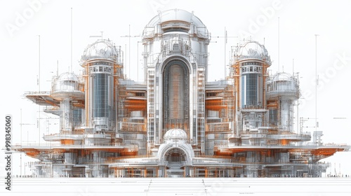 Cross-section CAD drawing of a huge building, future brutalism skyskribers style, with multiple towers and floors, white background, technical blueprint photo