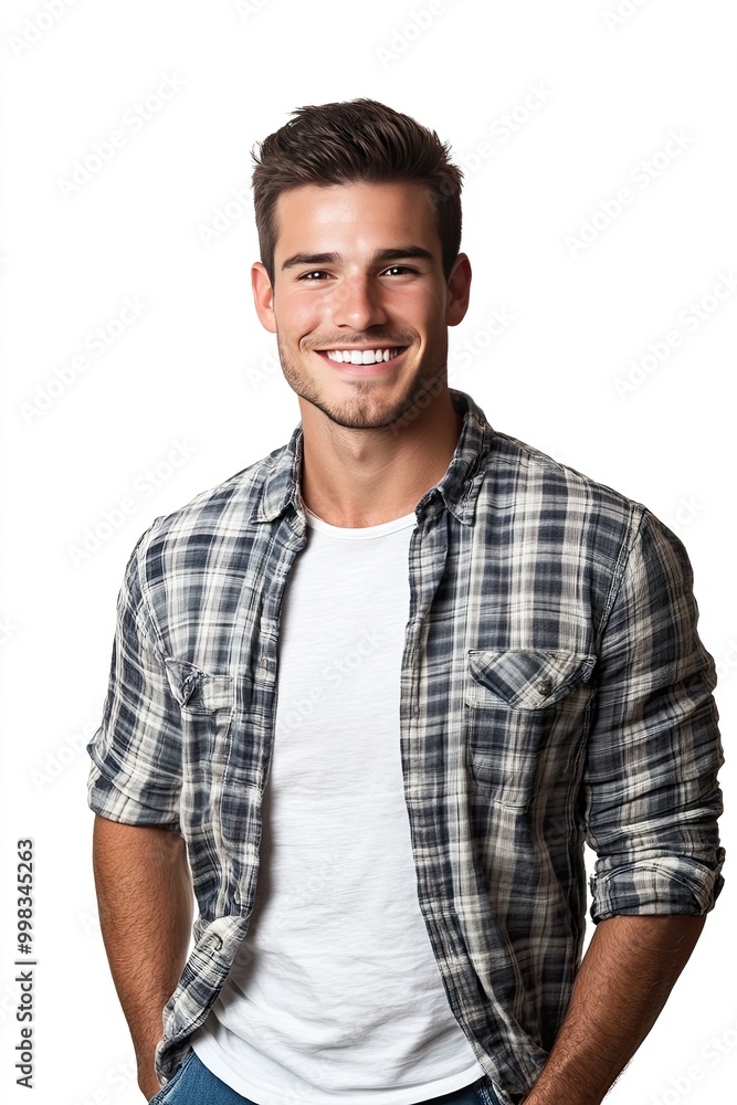 Isolated man in casual clothes smiling, standing confidently on a white background Isolated man in casual clothes smiling, standing confidently on a white background