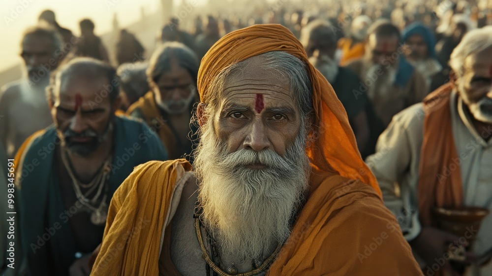 Close-up Portrait of a Bearded Man with a Red Mark on His Forehead in a Crowded Setting Close-up Portrait of a Bearded Man with a Red Mark on His Forehead in a Crowded Setting