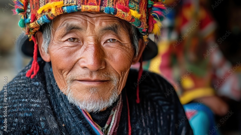 Fototapeta premium Close-up Portrait of an Elderly Man Wearing a Colorful Woven Hat