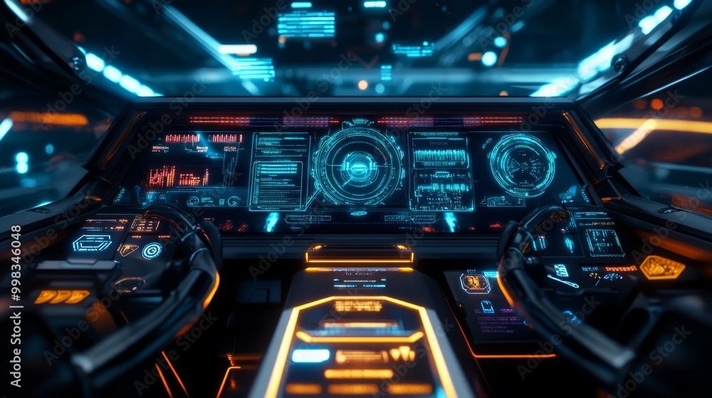 empty cockpit of vehicle. HUD(Head Up Display) and digital instruments panel, autonomous car empty cockpit of vehicle. HUD(Head Up Display) and digital instruments panel, autonomous car