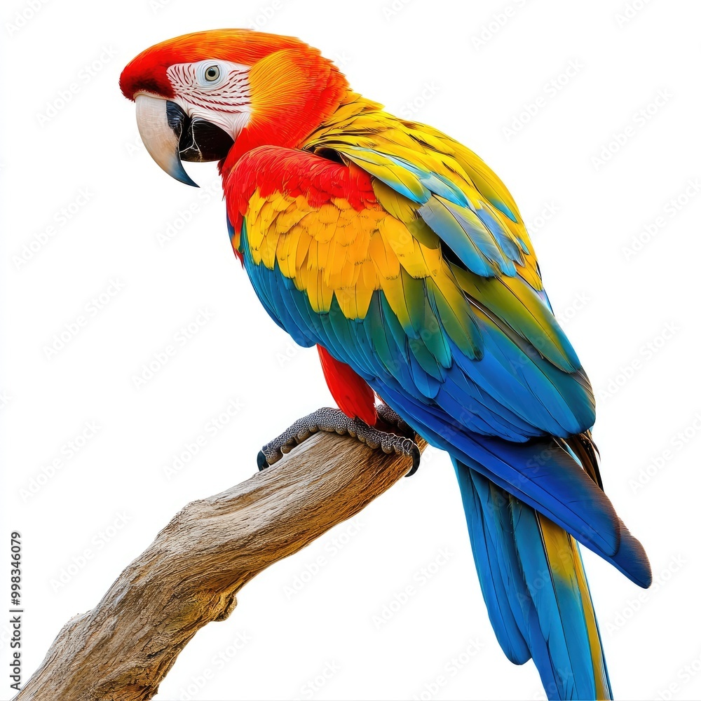 Fototapeta premium Isolated pet (parrot) on a perch, colorful feathers, white background
