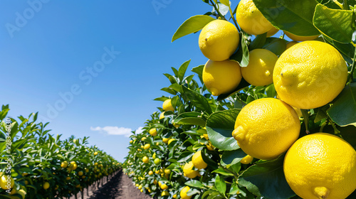 A vibrant lemon orchard with rows of trees laden with ripe lemon against a bright blue sky.