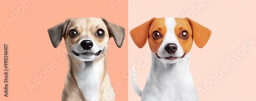 Two happy dogs with bright expressions on a soft peach background.