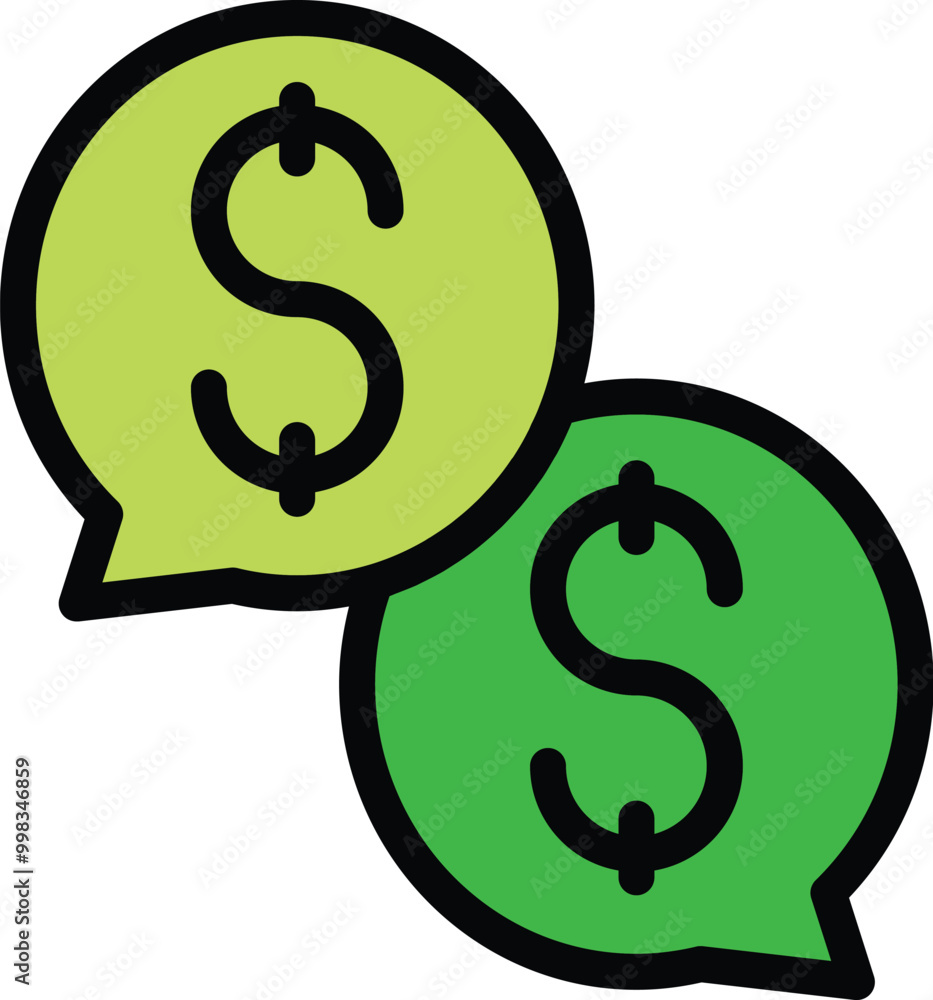 Two green speech bubbles overlapping, each containing a dollar sign, representing a conversation about money and finances Two green speech bubbles overlapping, each containing a dollar sign, representing a conversation about money and finances
