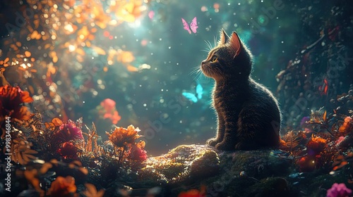 Tilted angle view of a curious cat exploring a vibrant fantasy world, magical creatures abound, whimsical landscape photo