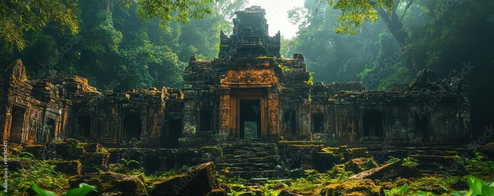 Tilted angle view of ancient ruins intertwined with lush forest, macro photography showcasing powerful symbolism Tilted angle view of ancient ruins intertwined with lush forest, macro photography showcasing powerful symbolism