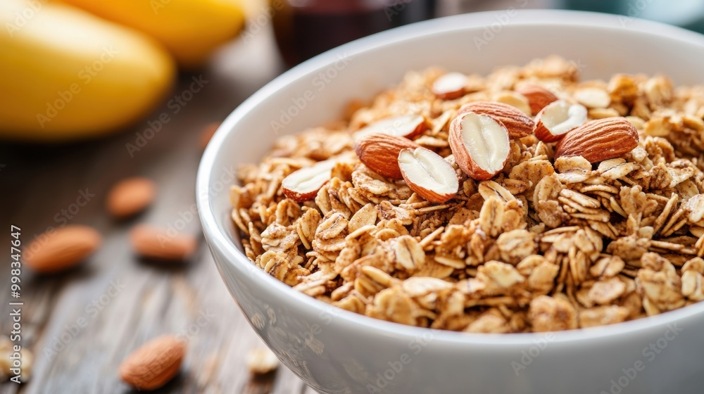 Healthy granola with almonds in white bowl for nutritious breakfast Healthy granola with almonds in white bowl for nutritious breakfast