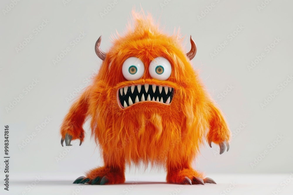 Fototapeta premium Orange fluffy cartoon character monster isolated on white background. Monster, funny mascot. Generative AI 3d render illustration imitation.