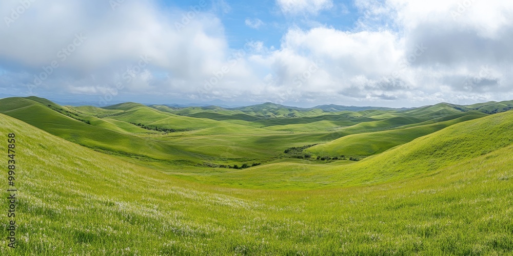 Fototapeta premium Panoramic view of rolling hills, stretching into the distance, filled with green meadows