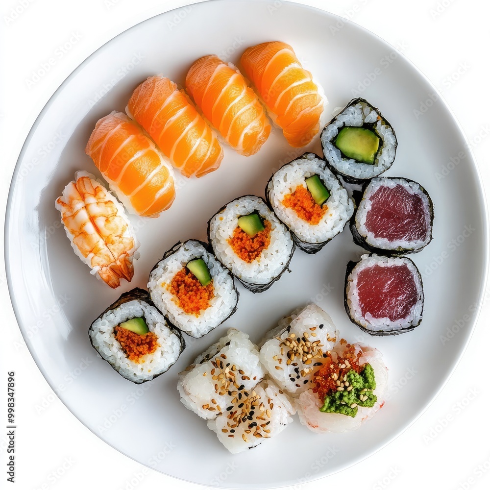 Plate of sushi on a clean white plate, vibrant colors and textures, isolated Plate of sushi on a clean white plate, vibrant colors and textures, isolated