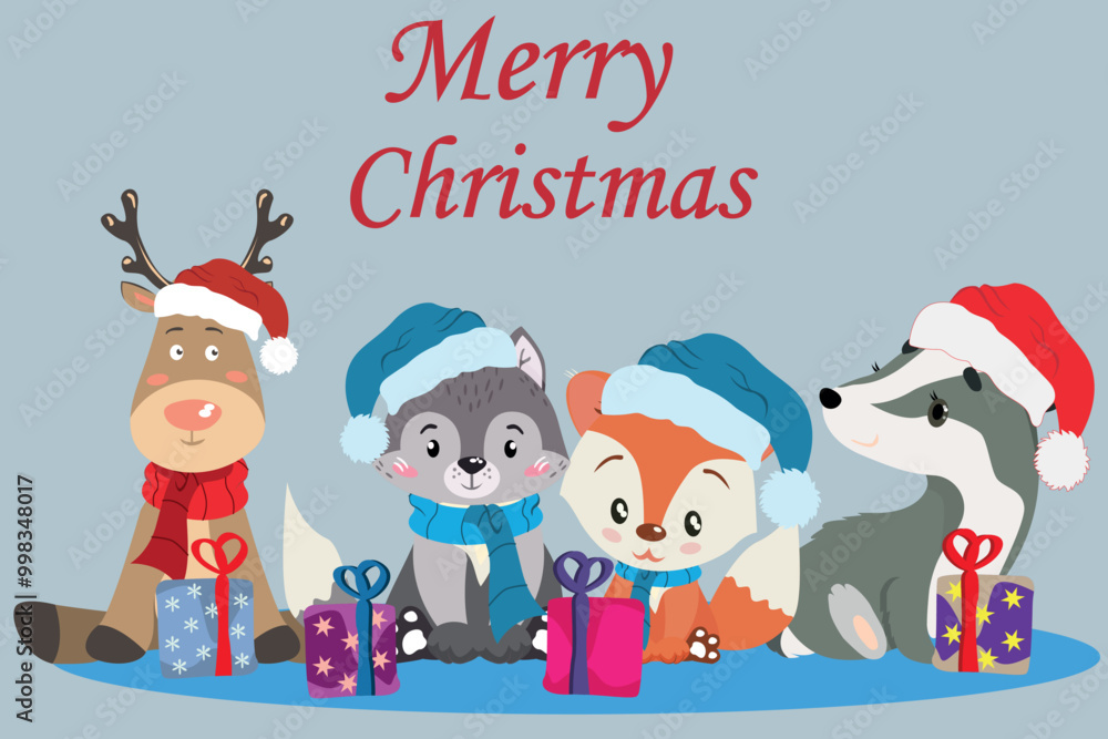 Fototapeta premium A Christmas card with cute animals in Santa hats. Merry Christmas vector background.