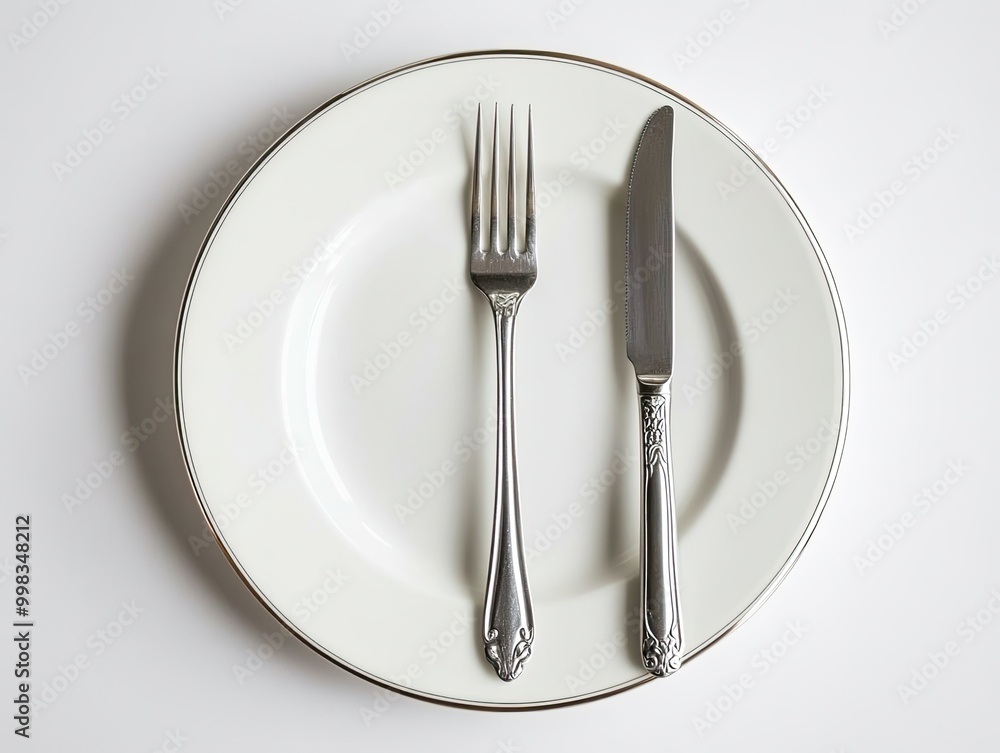 Plate with a fork and knife, neatly arranged on a clean white backdrop Plate with a fork and knife, neatly arranged on a clean white backdrop