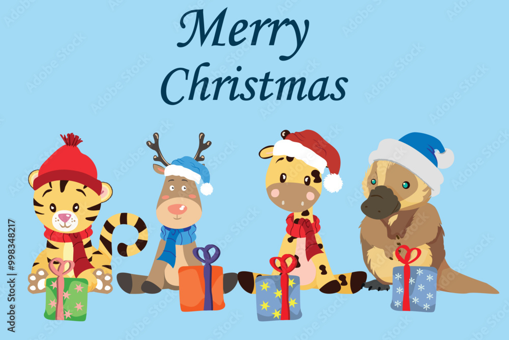 Merry Christmas vector background. A Christmas card with cute animals in Santa hats. Merry Christmas vector background. A Christmas card with cute animals in Santa hats.