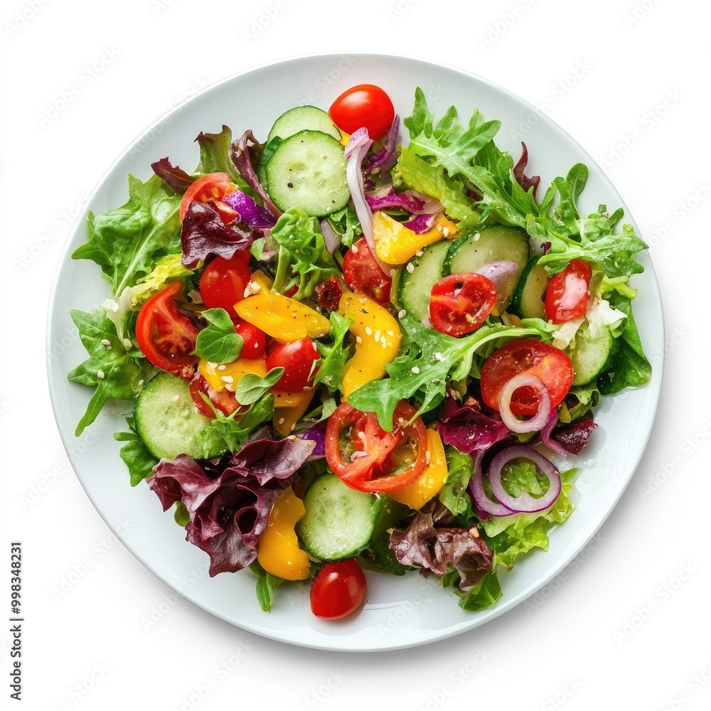Plate with a fresh salad, healthy ingredients, isolated on white background Plate with a fresh salad, healthy ingredients, isolated on white background