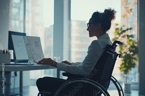 Focused Professional Working at a Desk in a Modern Office While Seated in a Wheelchair During Daylight Hours