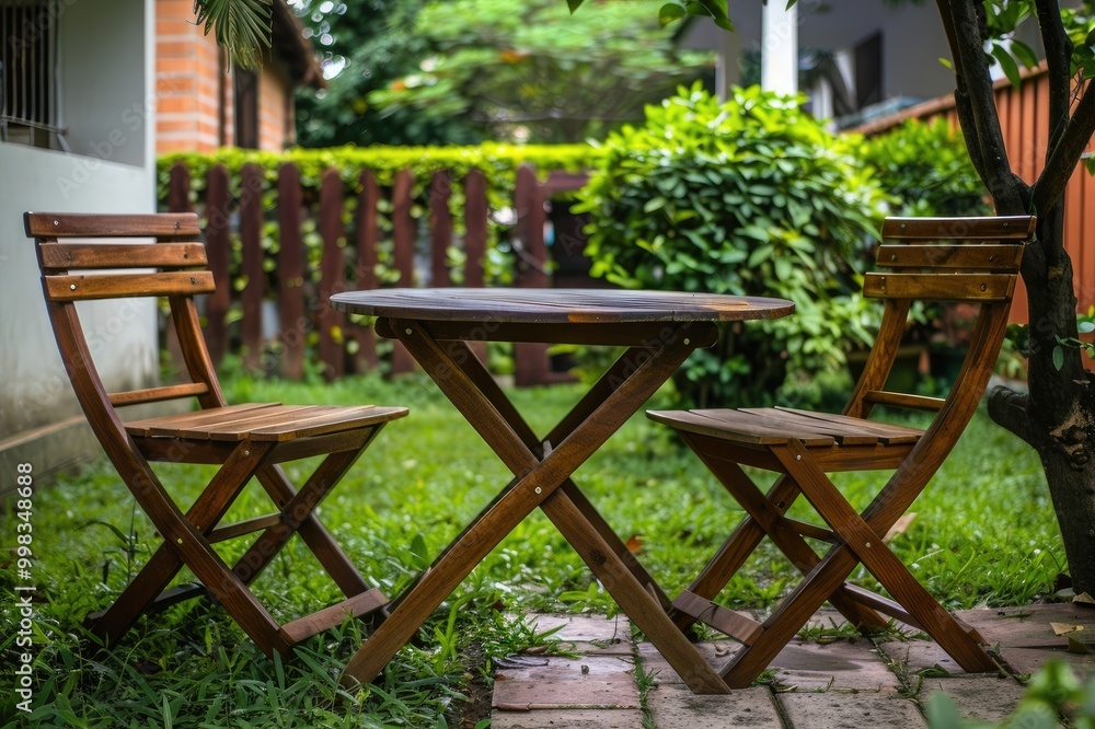 PNG Outdoor Wooden Table with Two Chairs chair table wood PNG Outdoor Wooden Table with Two Chairs chair table wood