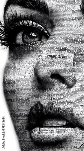 Black-and-white newspaper photograph of a beautiful woman's face, created from words