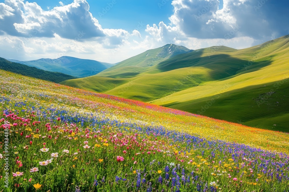 Fototapeta premium Rolling hills and a colorful meadow, filled with vibrant flowers under a sunny sky