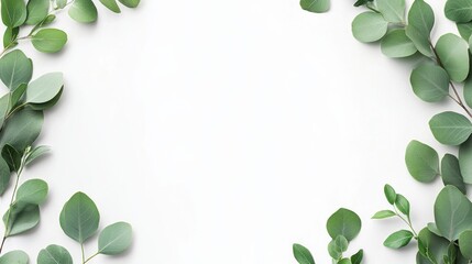 Fresh green eucalyptus leaves border on white background