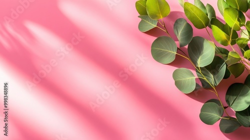Fresh eucalyptus branches on vibrant pink background