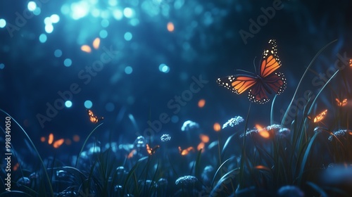 A magical evening scene with glowing butterflies dancing above a garden of vibrant flowers under a twilight sky