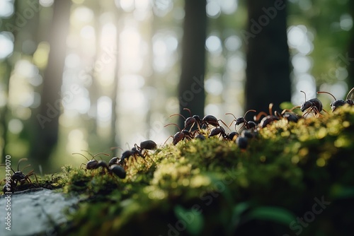 A Trail of Ants Navigating Through Moss in a Sunlit Forest During a Warm Summer Afternoon photo