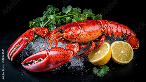 Fresh lobster with lemon and herbs on ice, perfect for seafood lovers