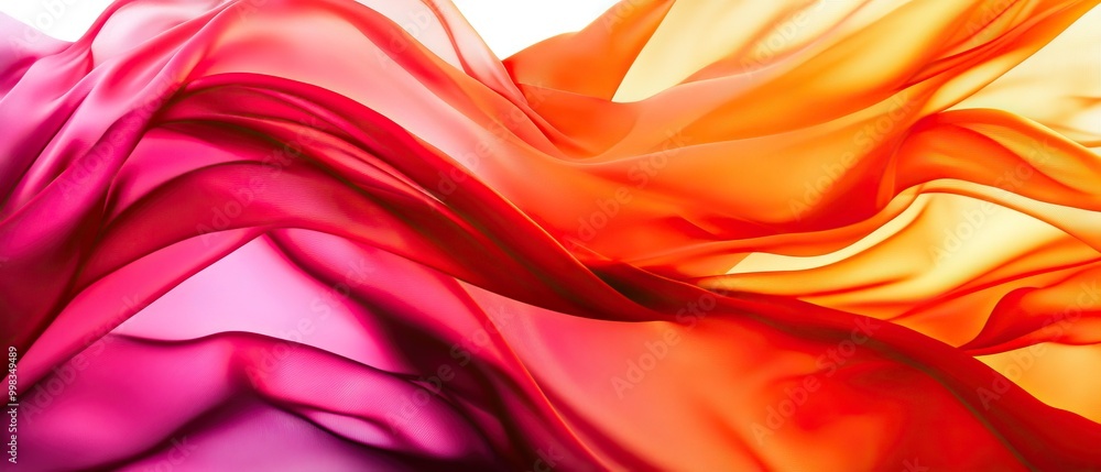 Obraz premium Colorful waves of fabric in shades of pink, orange, and red. Soft and flowing texture with smooth gradients on a white background.