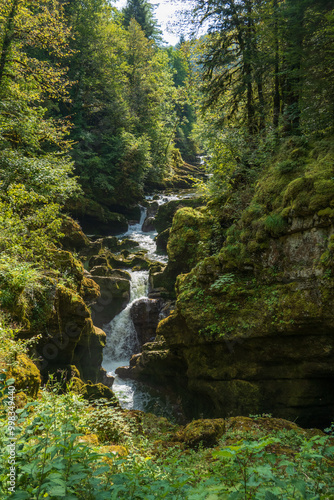 Hiking trail above Pertes de l'Ain waterfalls in Bourg-de-Sirod, Jura, France photo