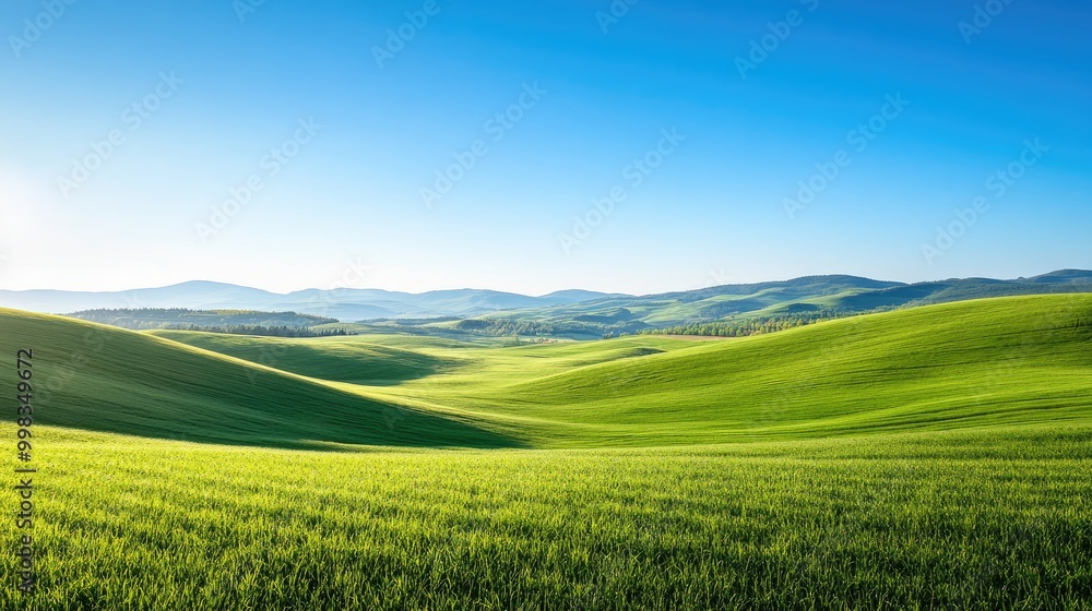 Rolling hills landscape with lush green fields under a clear blue sky, peaceful scenery Rolling hills landscape with lush green fields under a clear blue sky, peaceful scenery