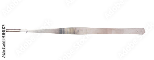 Metal tweezers on isolated background, top view photo