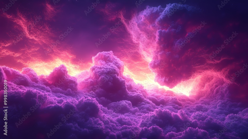 A purple sky with clouds and a bright orange sun A purple sky with clouds and a bright orange sun