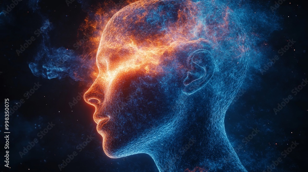 A head with a blue and orange glow surrounding it A head with a blue and orange glow surrounding it